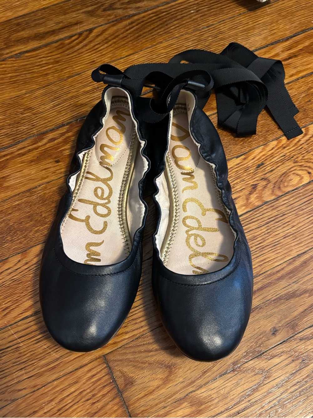 Sam Edelman Fallon Black Leather Ballet Flats Ankle Wrap Ribbon Size 8